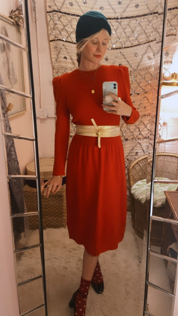 1980s Red Knit Dress with Puff Sleeves