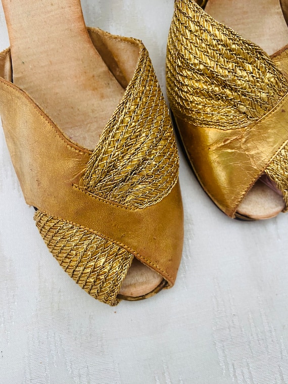 1920s Gold Leather + Lamé Peep-Toe Heels