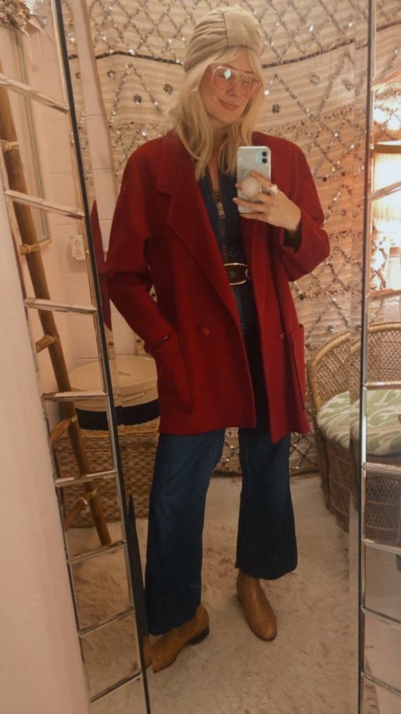 1980s Red Wool Hand-Tailored Coat with Patch Pocke