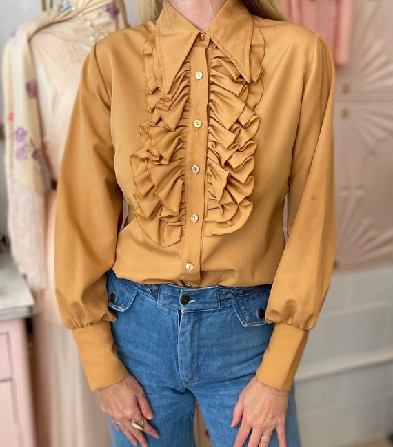 1970s Mustard Gold Collared Blouse with Ruffle De… - image 2