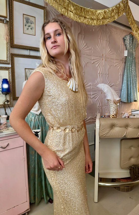 gold old hollywood dress 1960s Cream Silk Irridescent Sequin Gown Portia and Scarlett prom dress with a sweetheart neckline