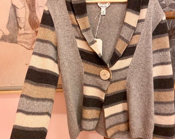 1990s Wool + Angora Gray and Cream Striped Cardigan Sweater with Statement Button