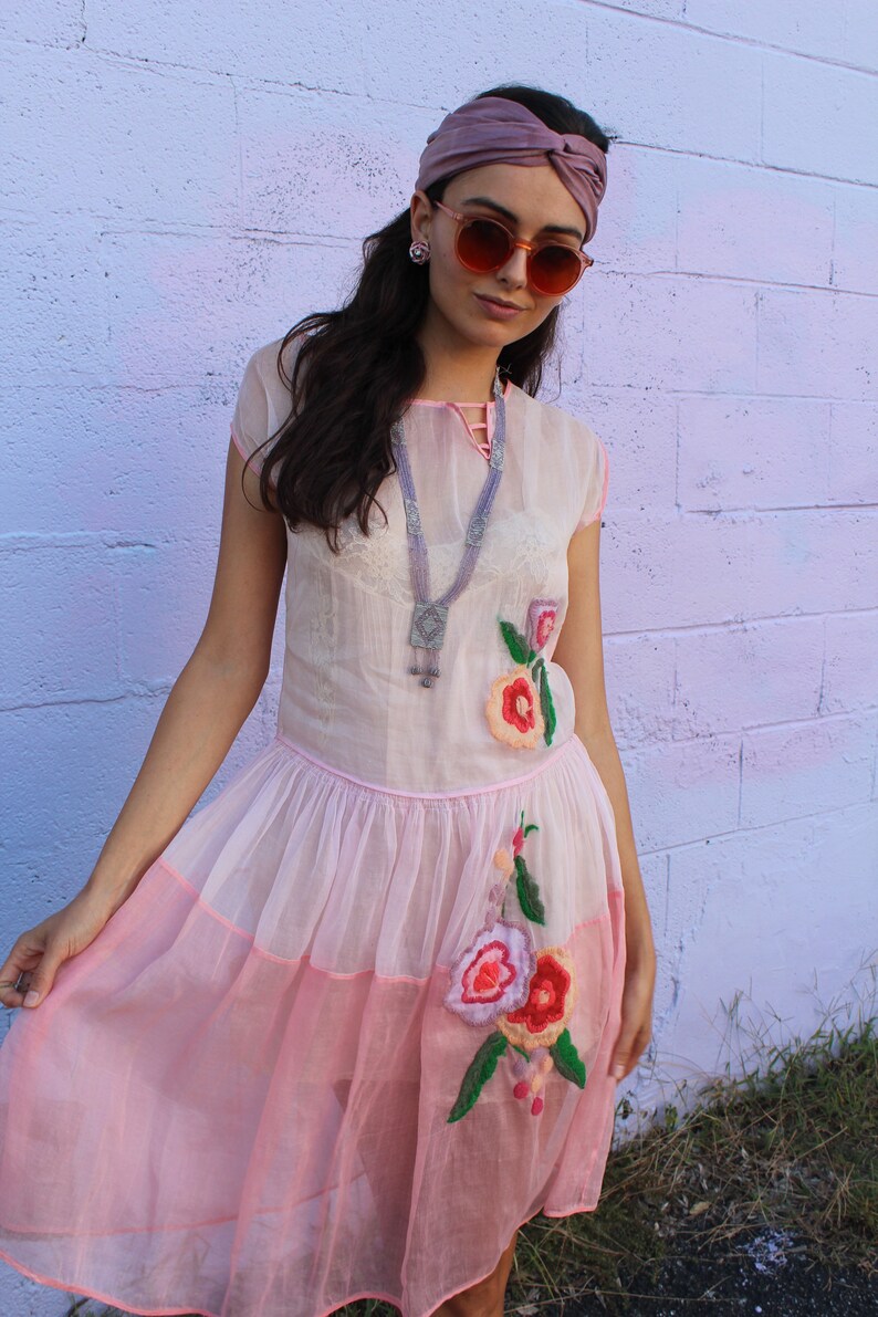 1920s Pink Organza Dream Dress with Floral Embroidery Deco Detailing image 6