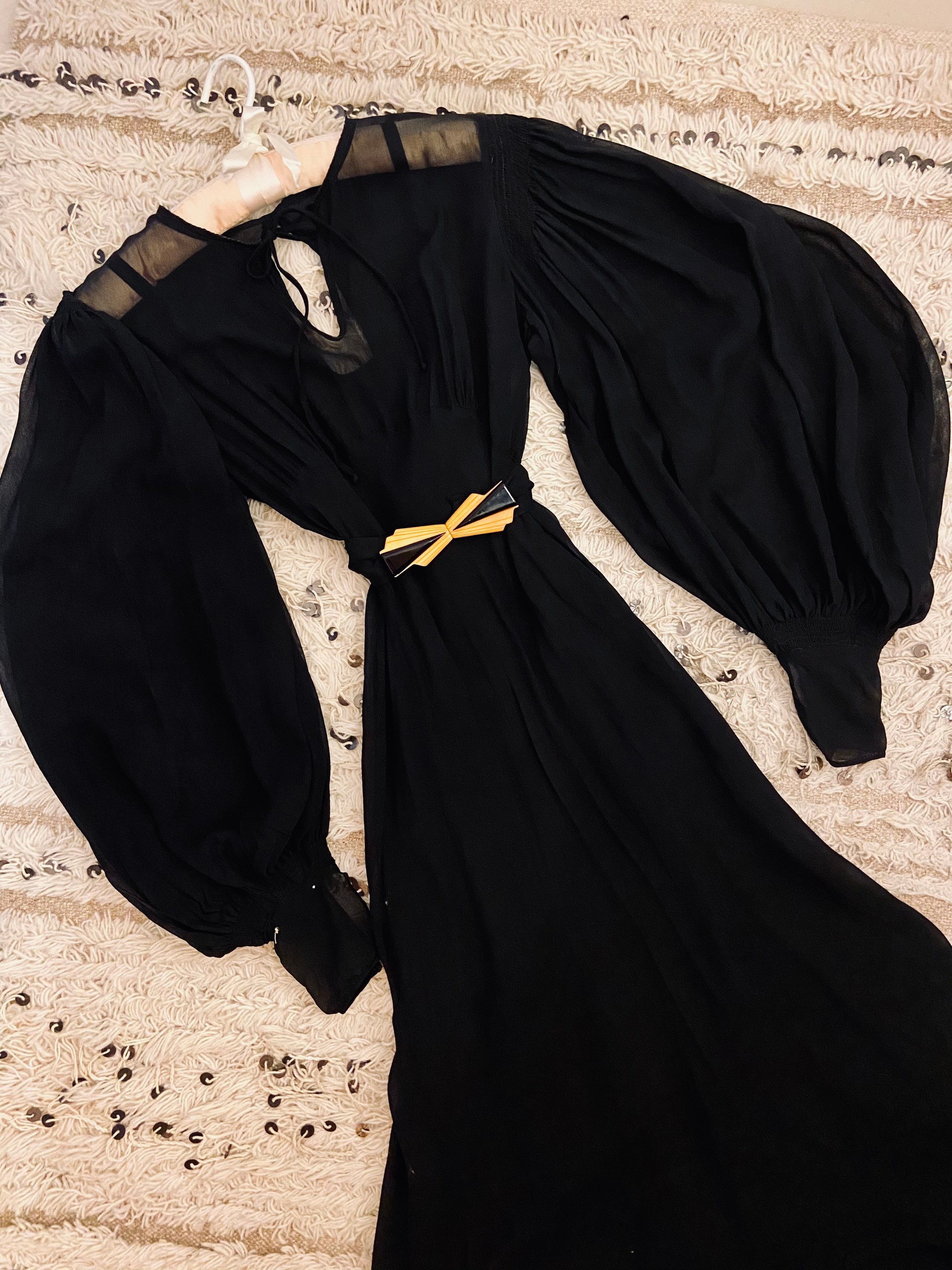 1930s Black Silk Chiffon Dress With Bishop Sleeves and Art Deco ...