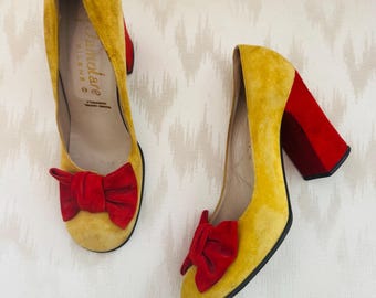 1960s Chartreuse Velvet Heels with Red Bows