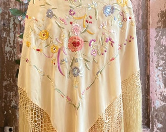 1920s Silk Fringe Piano Shawl with Pastel Floral Embroidery