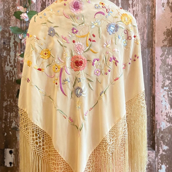 1920s Silk Fringe Piano Shawl with Pastel Floral Embroidery