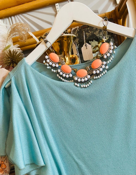 1960s Style Coral + White Beaded Bib Necklace with Ch… Gem