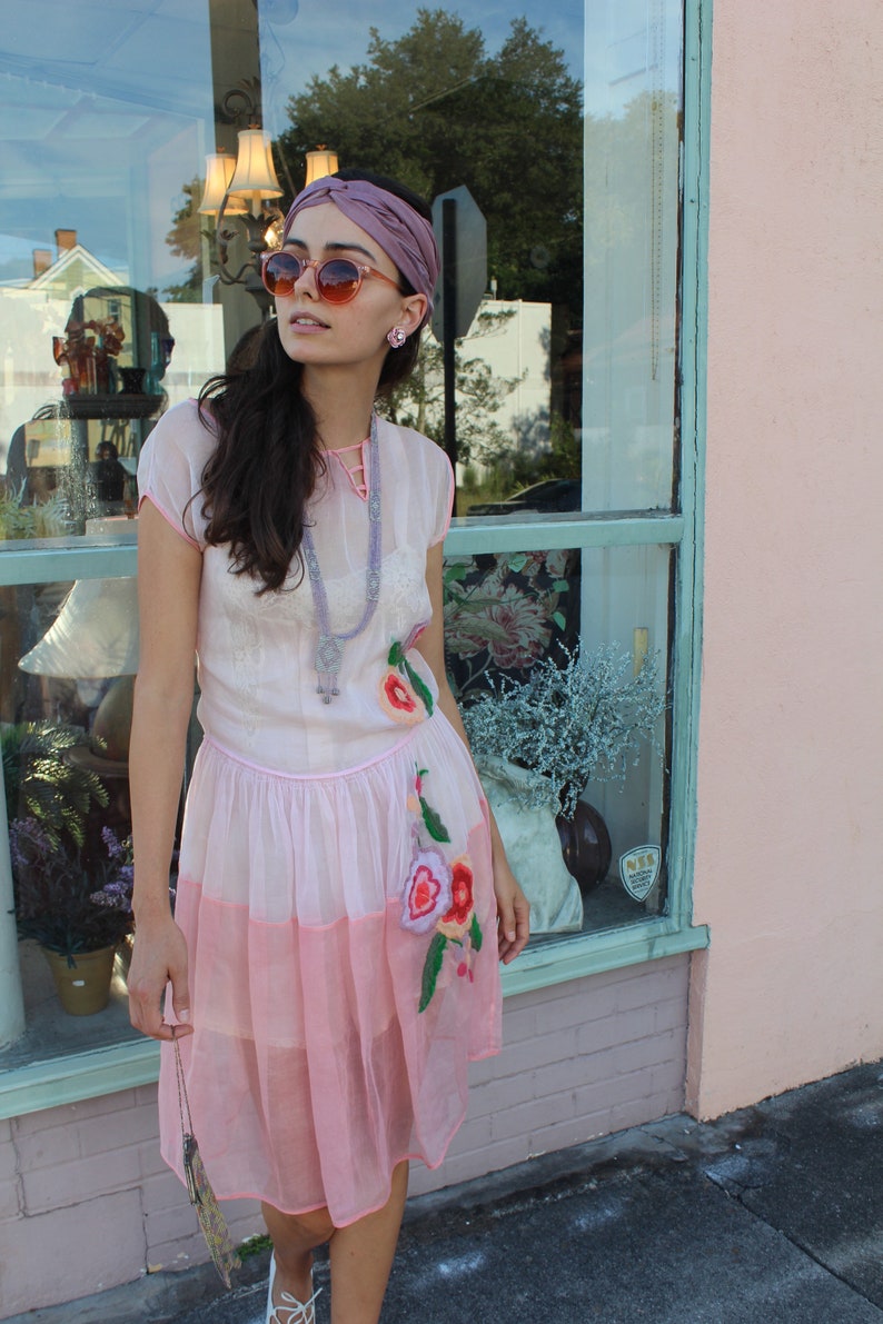 1920s Pink Organza Dream Dress with Floral Embroidery Deco Detailing image 9