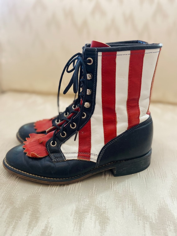 Laredo Navy Leather Lace-Up Boots with Red and Whi