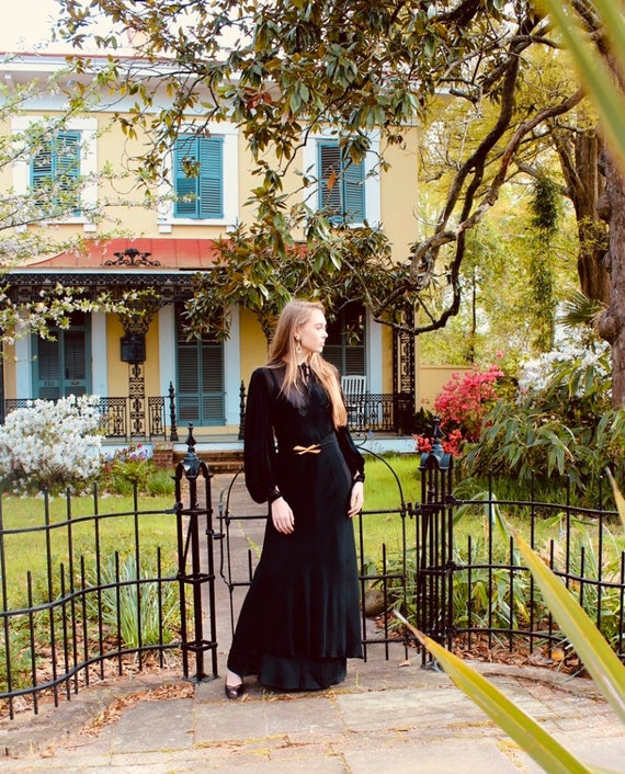 1930s Black Silk Chiffon Dress with Bishop Sleeve… - image 8