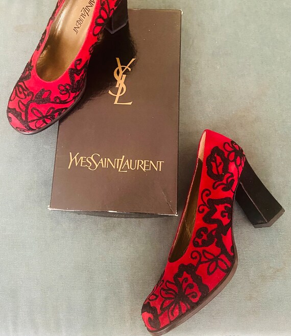 Yves Saint Laurent Red Heels with Black Floral Em… - image 9