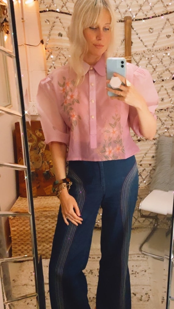 1980’s Pink Ombré Cropped Blouse with Gold Metalli