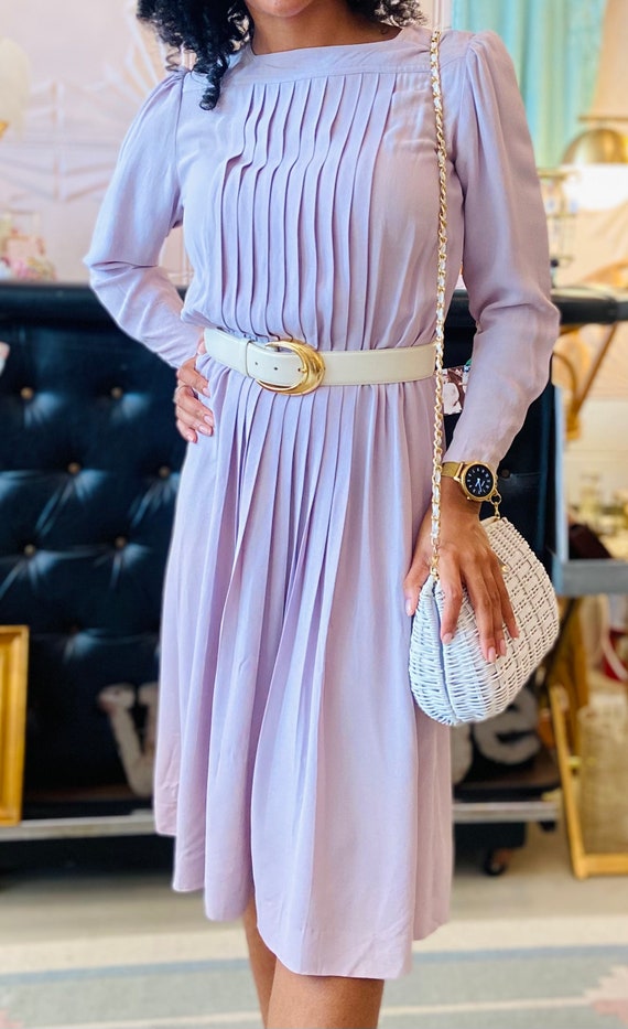 Albert Nipon Lavender Pleated Long Sleeve Dress