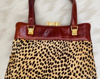 1950s Leopard Pony Hair + Burgundy Patent Leather Handbag