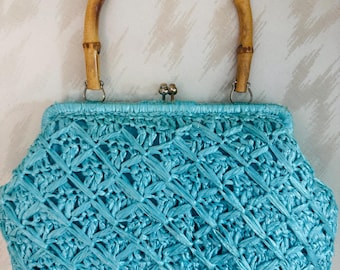 1960s Mod Turquoise Straw Purse with Bamboo Handle