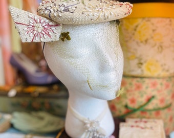 1950s Joseph Magnin Straw Headpiece with Pastel Floral Embroidery