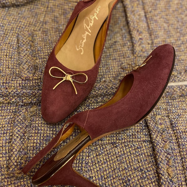 1960s Stanley Philipson Oxblood Leather Slingback Heels with Gold Bows