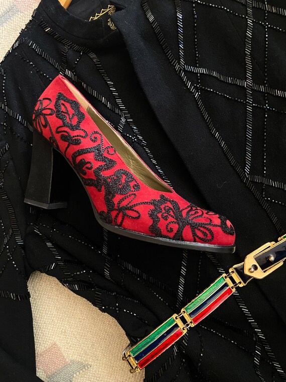 Yves Saint Laurent Red Heels with Black Floral Em… - image 6