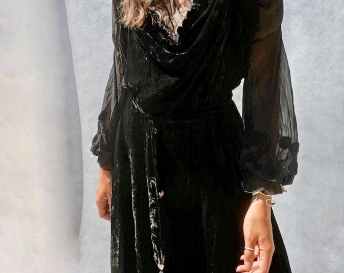 1930s Black Silk Velvet Gown With Sheer Sleeves + Fringe Belt - Etsy