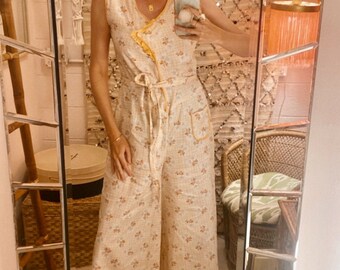 1930s Cotton Printed Beach Pajamas with Peach Trim + Sash Belt