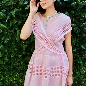1920s Pale Pink Organza Dress with Open Weave Cross-Front Detail