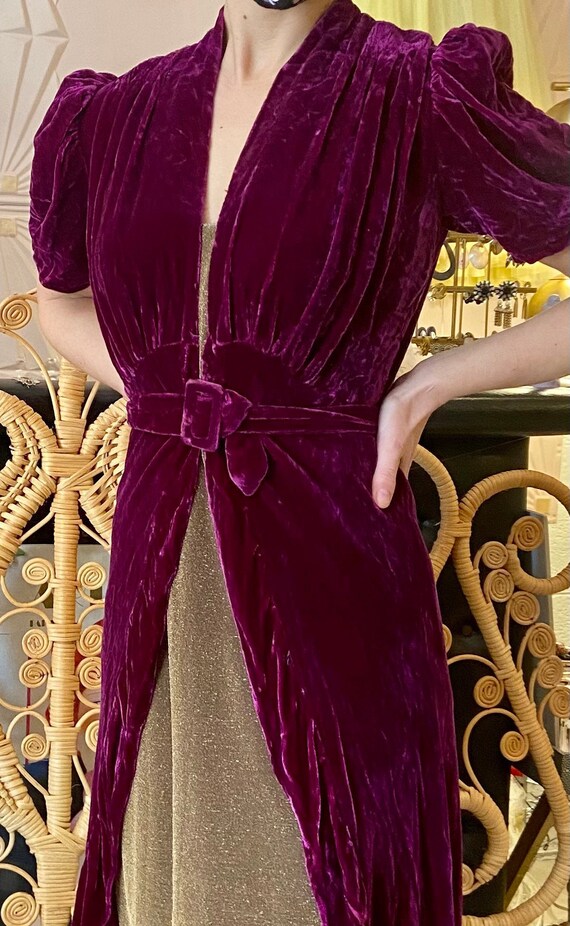 1930s Purple Silk Velvet Wrap Dress / Duster