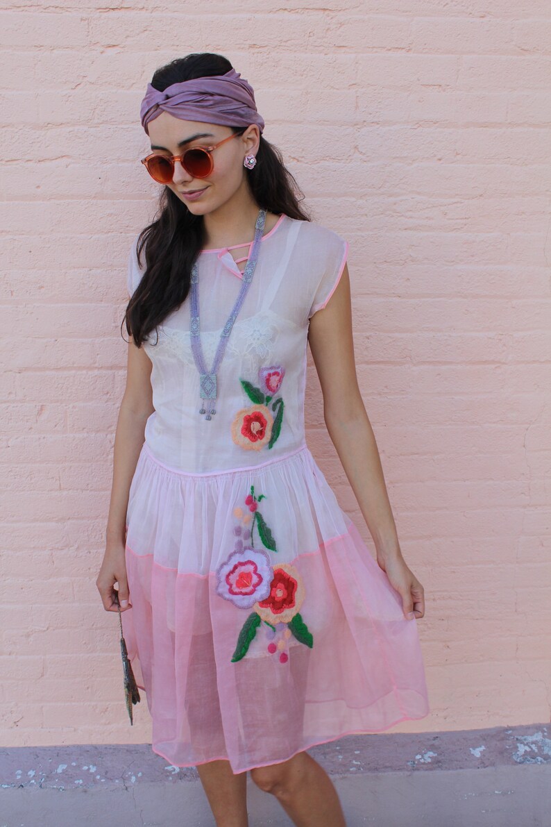 1920s Pink Organza Dream Dress with Floral Embroidery Deco Detailing image 5