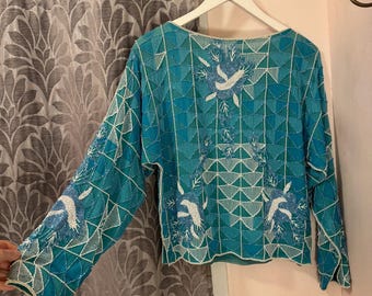Top in seta turchese con perline, stile Art Déco, anni '70.