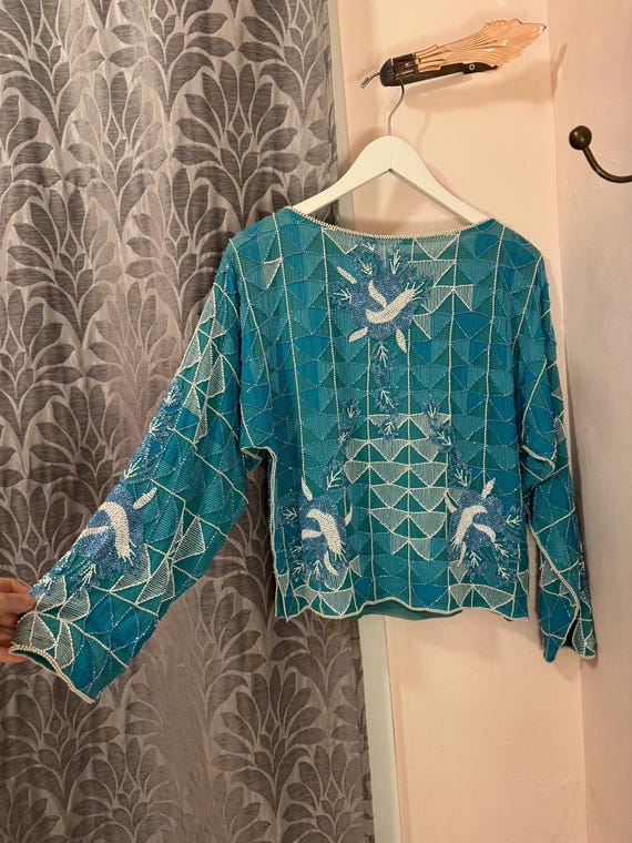 1970s Turquoise Art Deco Silk Beaded Top