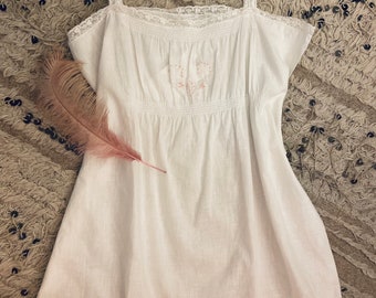 1920s White Cotton Step-In with Pink Floral Embroidery