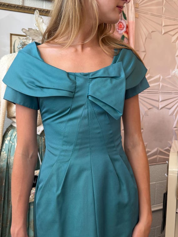 1950s Blue Textured Silk Wiggle Dress with Fold-Over Neckline