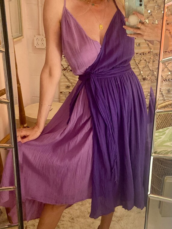 1970s Purple + Lavender Cotton Gauze Wrap Dress with … Gem