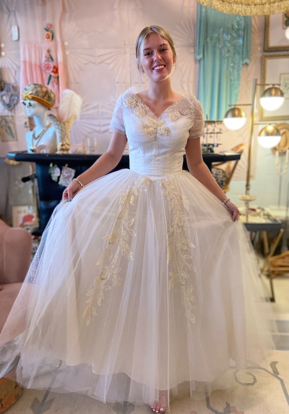 1950s White Tulle Wedding Dress