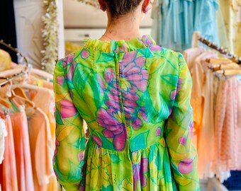 1960s Watercolor Floral Silk Chiffon Maxi Dress with Ruffle Trim