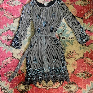 1970s Art Deco Silk Sequin Beaded Dress with Fringe Hem + Sash Belt