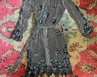 1970s Art Deco Silk Sequin Beaded Dress with Fringe Hem + Sash Belt