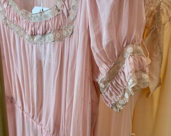 1930s Blush Pink Sheer Silk Dress with Square Neckline, Puff Sleeves + Lace Trim