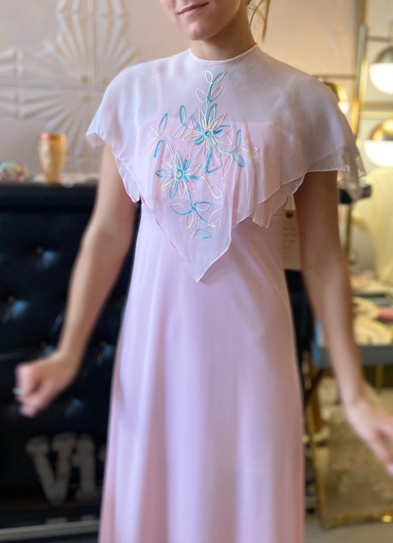 1970s Pale Pink Maxi Dress with Pastel Floral Emb… - image 1