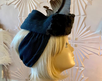 1930s Navy Knit + Fur Headpiece with Feather