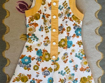 1960s Cotton Fall Floral Mini Dress with Mustard Yellow Piping