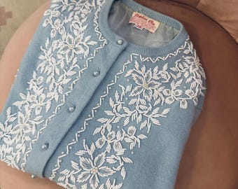 1950s Baby Blue Virgin Wool Cardigan with White Floral Beading + Pearl Buttons