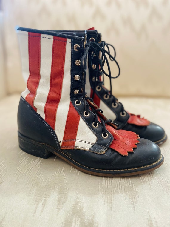 Laredo Navy Leather Lace-Up Boots with Red and Wh… - image 4