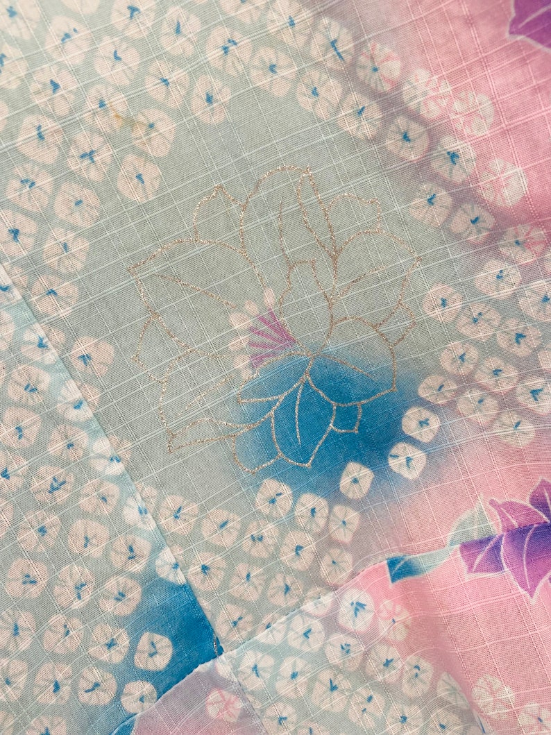 Japanese Cotton Pastel Blue Lavender Kimono with Silver Metallic Detail image 2