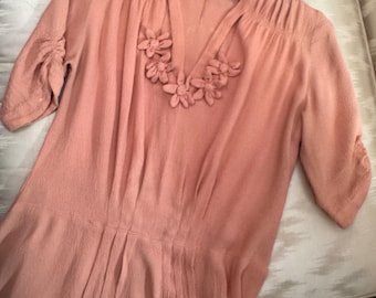 1930s Pink Silk Crepe Belted Dress with Floral Appliqués