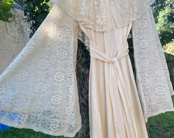 1970s Buttercream Boho Cotton Maxi Dress with Lace Angel Sleeves