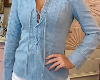 1970s Baby Blue Cotton Top with Lace-Up Detail