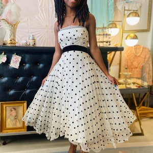 1950s White Strapless Organza Dress with Black Flocked Polka Dots + Velvet Cropped Jacket