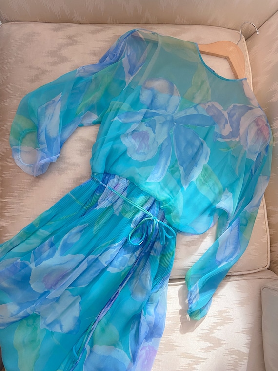 Nat Kaplan Couture Blue Silk Chiffon Watercolor Fl