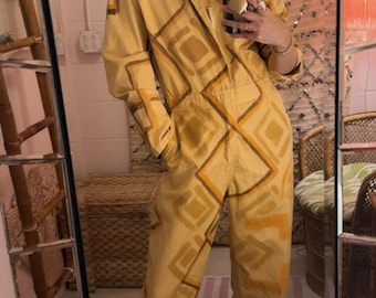 1960s Cotton Coveralls with Geometric Hand-Painted Design